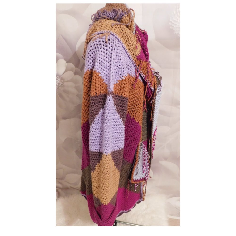 Crochet Brown Lavendar Long Sweater with Fringe Scarf L/XL - Picture 5 of 9